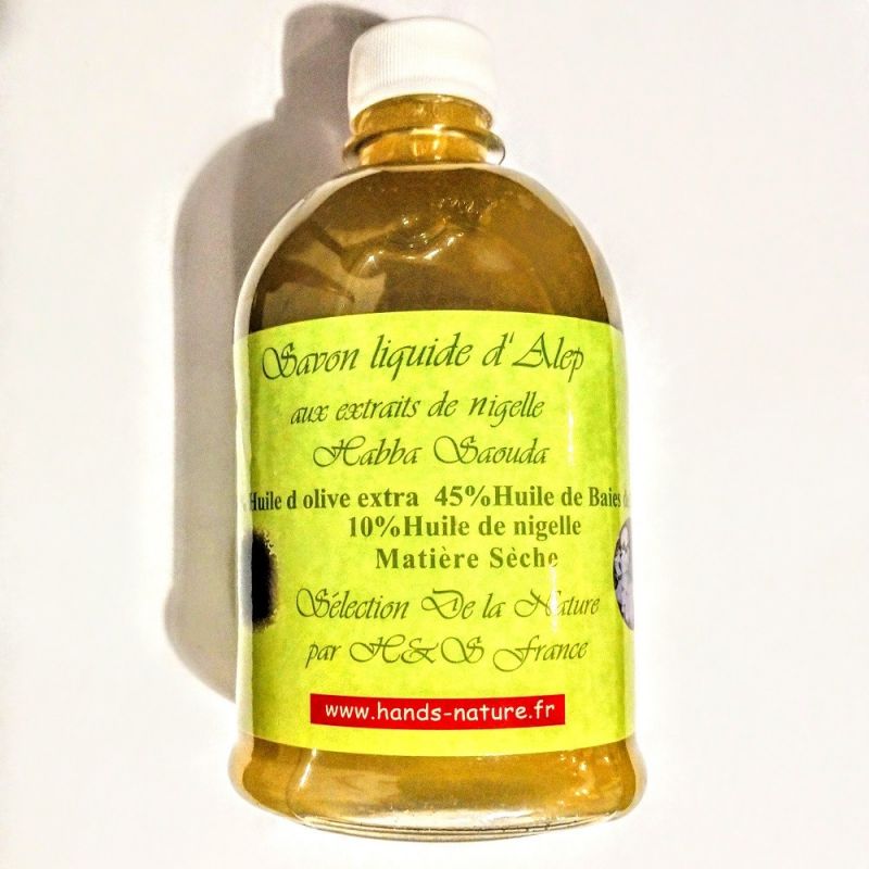 Savon liquide d'Alep 45% de Laurier et à la Nigelle (10%) - 100% Naturel - 500 ml- H&S FRance